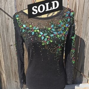 Vintage Embroidered Christmas Sweater Black Beaded Sequin Sheer Sleeve Small